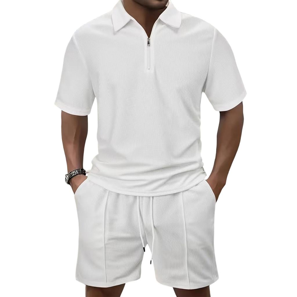 Men's  Sports  Leisure  Half  Zipper  Short  Sleeves  Shirt   And  Pull  Rope  Shorts  Set