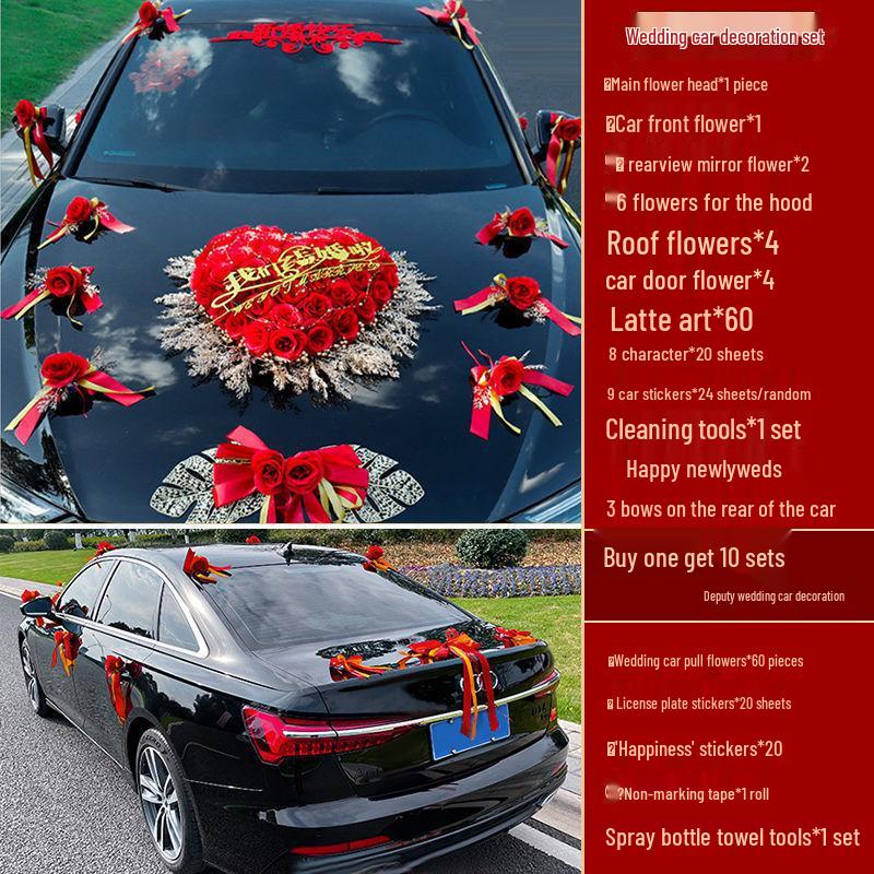 Complete Wedding Car Decoration Set: Front Flower Main Car and Lead Car Arrangement