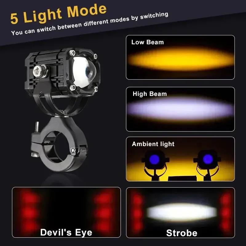 2pcs Universal Motorcycle Spotlight 30W Total Power - 2250lm spotlight with High Low Beam Integrated Auxiliary Driving Light