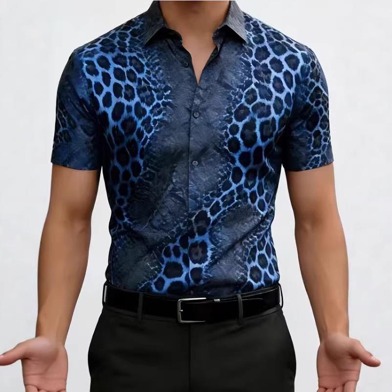 Men S Leopard Print Short Sleeve Slim Fit Wrinkle Resistant Shirt M синий