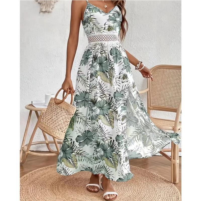 Summer European And American Style Ladies New Holiday Style Elegant Flower Print Dress Tight-fitting Waist Split Suspender Long Skirt