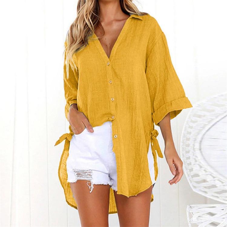 Women Casual Long Sleeve Shirt Loose Lace-up Button Lapel Side Knotted Top