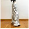 Edgy Punk Design Silver Shiny PU Leather Loose Draped Casual Trousers for Women