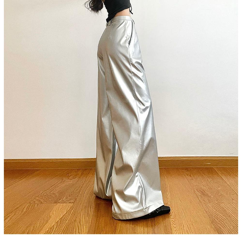 Edgy Punk Design Silver Shiny PU Leather Loose Draped Casual Trousers for Women