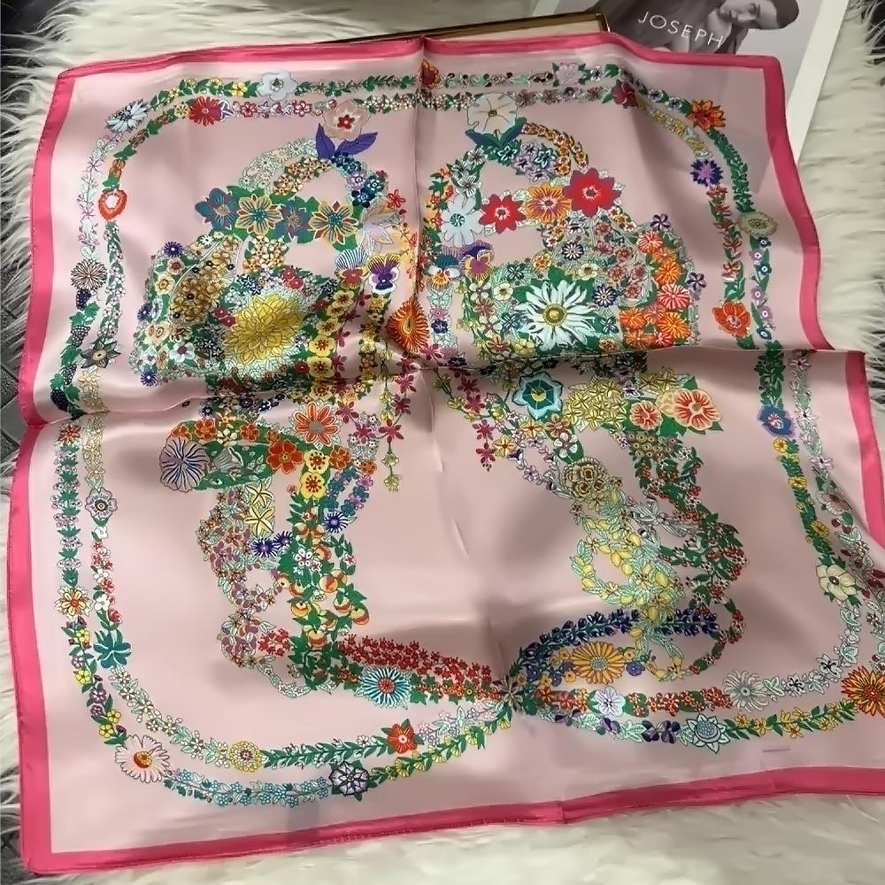 Pink Women's 100% Mulberry Silk Scarf For Hair Headscarf Spring Luxury Floral Design Satin Small Silk Square Scarves Neckerchief
