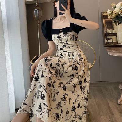 New Pure Desire Style Design Sense Thin Splicing Floral Dress Women's Summer Square Neck Bubble Sleeve a Word Dress