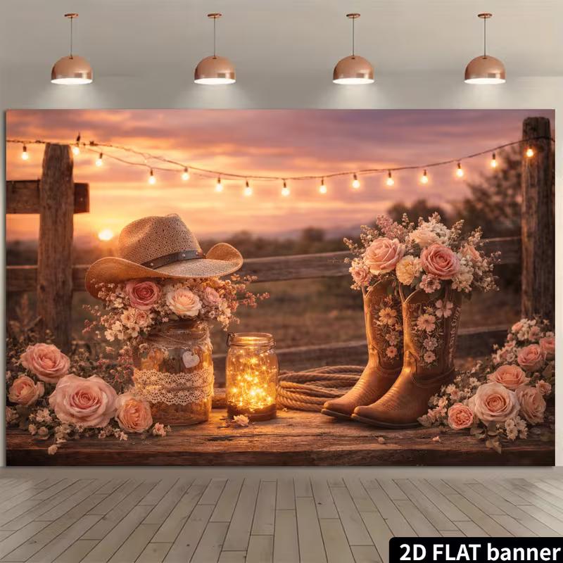 2D Rustic Cowgirl Backdrop, Pink Rose Cowboy Boots Sunset Banner for Western Birthday Photo Booth