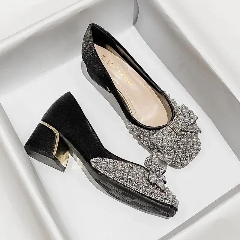 Women Pumps Spring Summer Party Bowknot Square Casual High MiddleHeel Shoes Ladies Rhinestone Pearl Heels Women Plus Size3 5-43 35