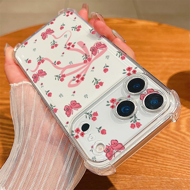Bowknots Cherry Pattern Case For iPhone 17 Pro Max Coque iPhone 16 15 14 13 Pro Max 11 Shockproof Clear Soft Silicone Cover