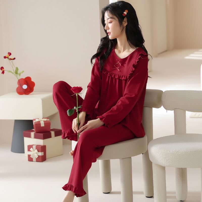 

Red Festive Newlywed Cotton Pajama Set for Couples - Spring & Autumn Long Sleeve Year of the Rat Design M