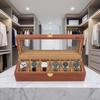 Wooden Watch Case For Men Collection 6 Compartments Display Organizer Box With Clear Glass Viewing Lid And Removable Pillows