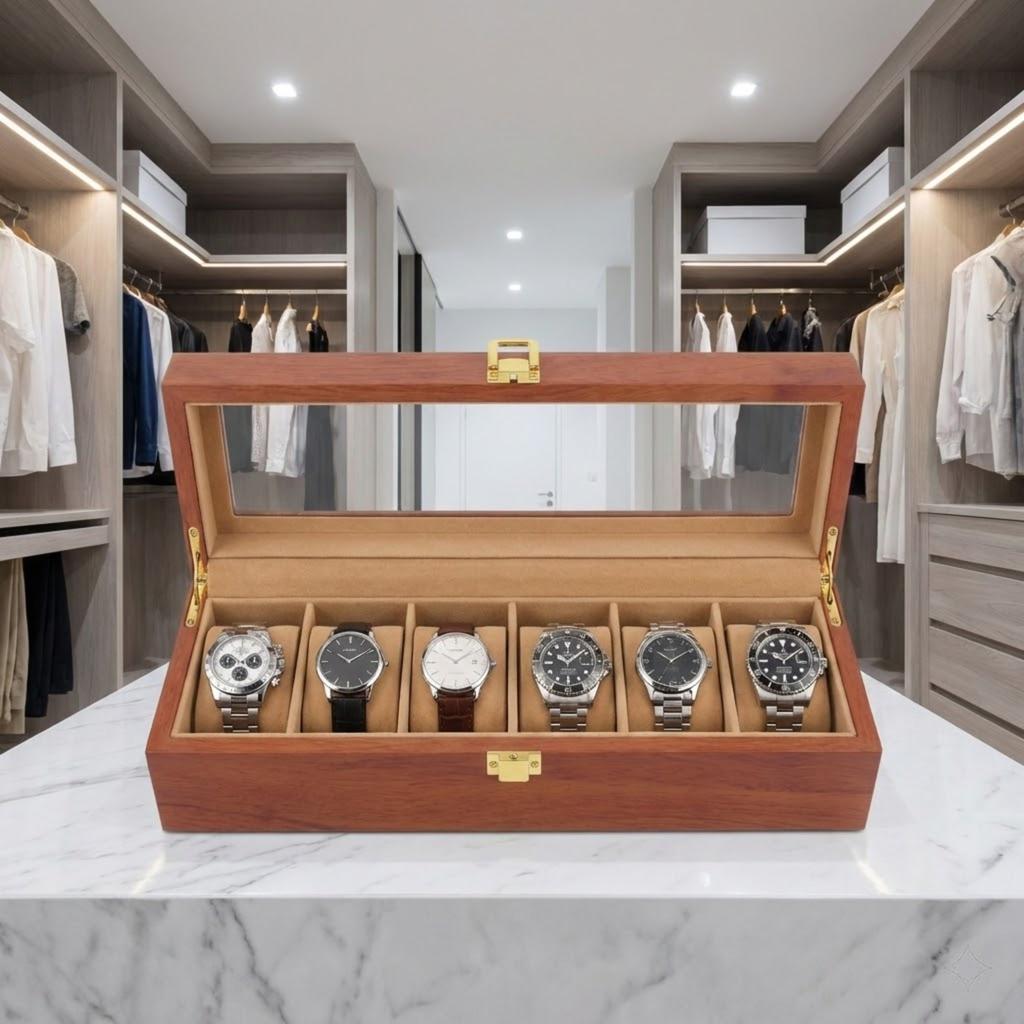 Wooden Watch Case For Men Collection 6 Compartments Display Organizer Box With Clear Glass Viewing Lid And Removable Pillows
