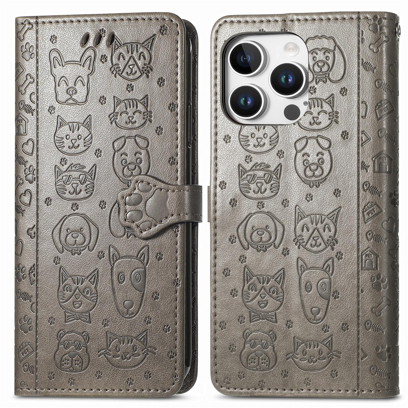 

For iPhone 16 Pro Leather Wallet Case Flip Phone Cover with Cute Cat Dog Pattern Grey