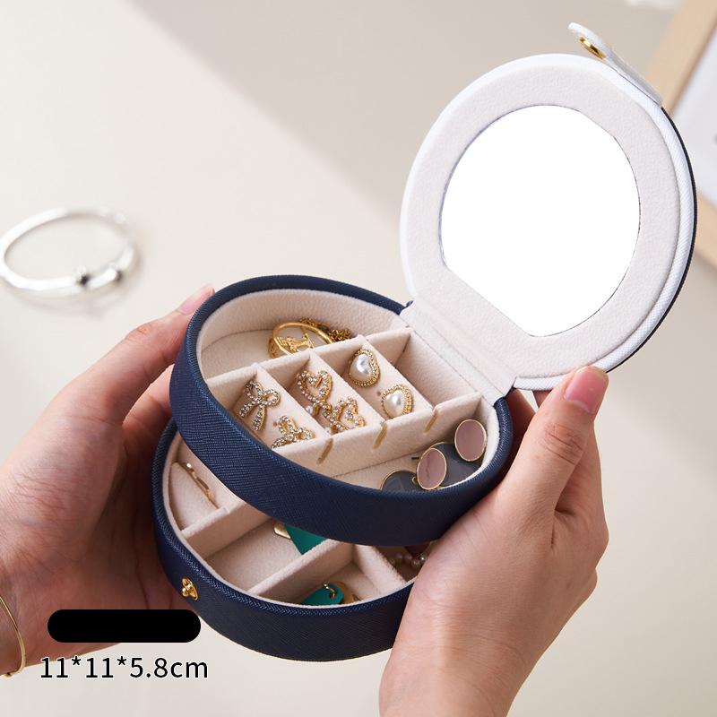 

Portable Round Two Layers PU Leather Jewelry Storage Box With Makeup Mirror Inside Multi Functional For Necklace Ear Studs Rings синий