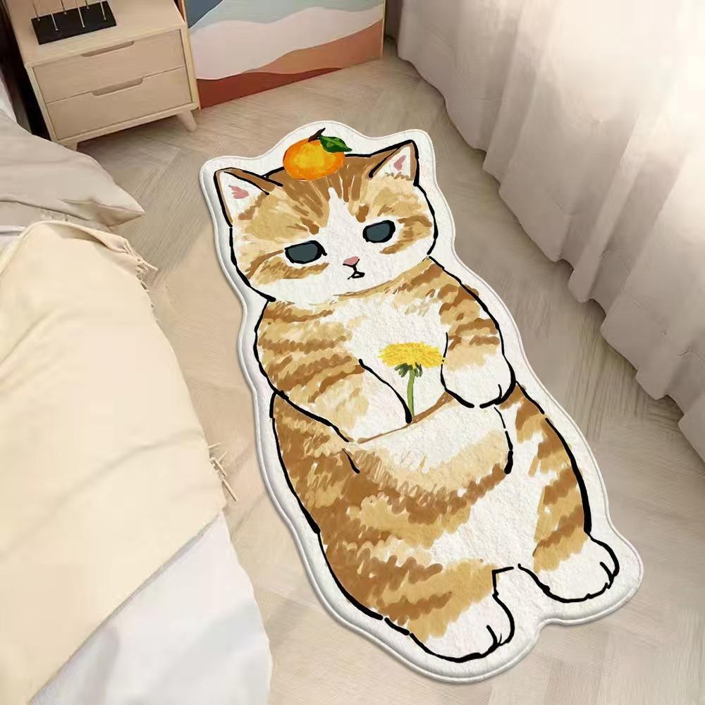 2pcs Cartoon Cute Cat Imitation Cashmere Bedroom Carpet Special-shaped Bedside Carpet Floor Mat