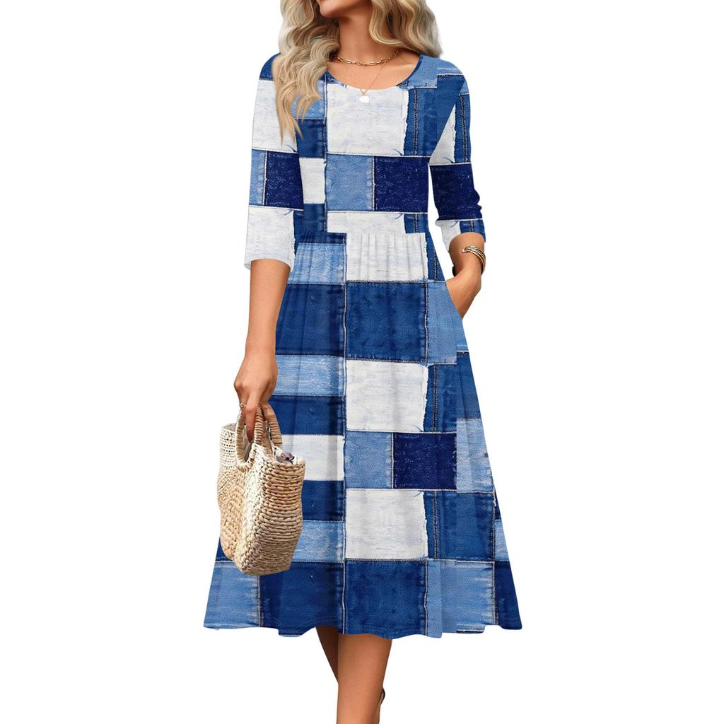 3/4-Ärmel Damenkleid Lässig Fließend A-Linie Midi T-Shirt Kleider mit Taschen Rundhalsausschnitt Urlaub Boho Strand Sommerkleid