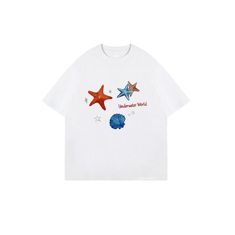 Oversized T-shirt Svart Undervattensvärld Sjöstjärna Snäcktryck Sommar Vardagskläder
