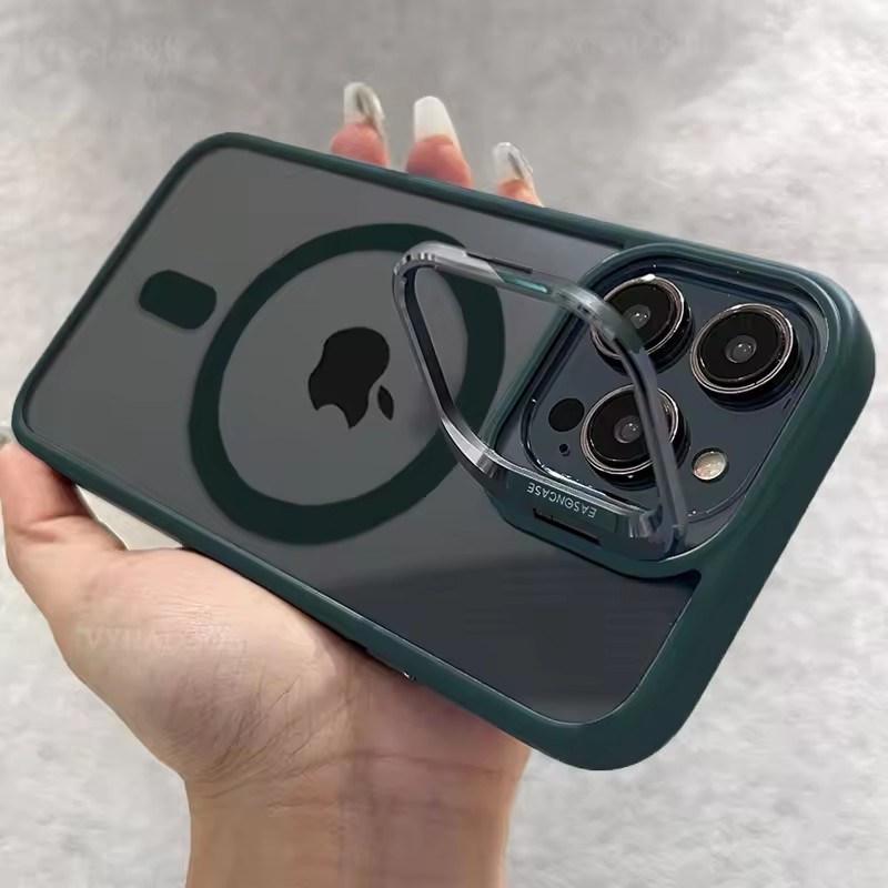 Metal Holder Phone Case For iPhone 17 16 15 14 13 12 11 Pro Max Plus Air For Magsafe Transparent Magnetic Lens Protection Cover