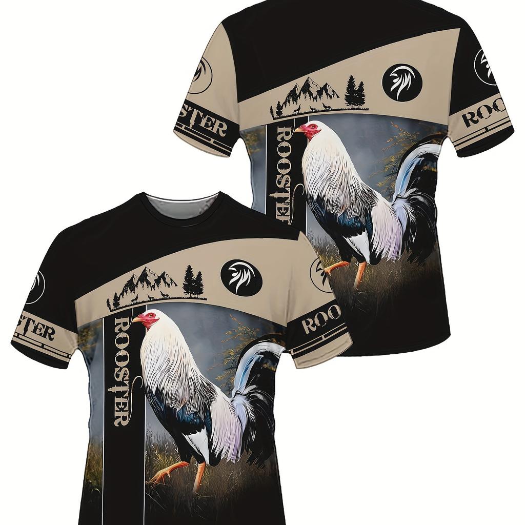 Lustiger Hahn 3D-Druck Herrenmode Colorblock Bequemes Atmungsaktives T-Shirt, Neues Lässiges Rundhals Kurzarm T-Shirt für Frühling Sommer Herrenbekleidung