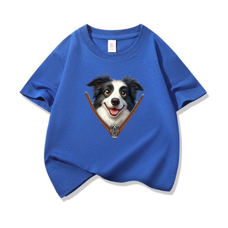 Kids Cotton T Shirt Adorable Collie Dog Zipper Print Crew Neck Short Sleeve Tee Casual Breathable Boys Girls Summer Tops