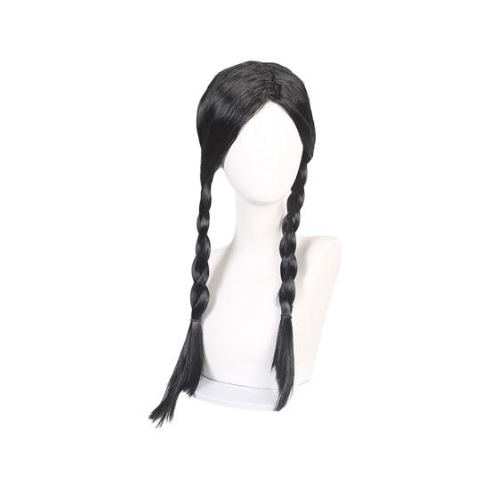 Women Black Double Braided Wig with Bangs Fluffy Natural Silky High Temperature Fiber Girls Long Dual Braids Synthetic Hair