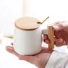 Nordic Ceramic Mug with Lid & Spoon - Wooden Handle, Ideal for Coffee, Office, or Gift with Logo Print.