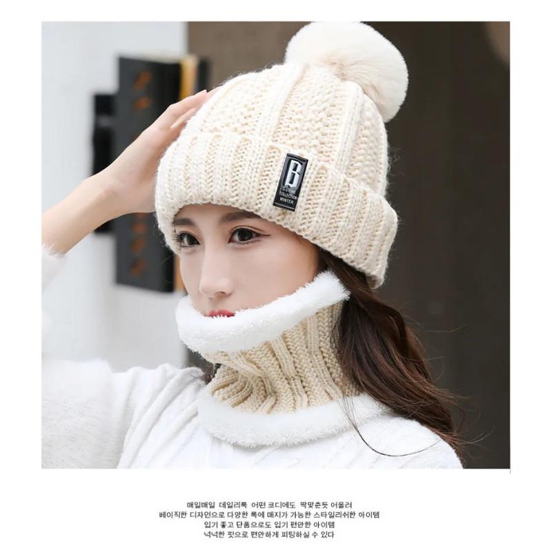 Winter Hat Womens Beanie Hats Thick Warm  Winter Women Knitted Hat B Letter Bonnet Beanie Cap Cycling Hat Scarf 2pc Sets