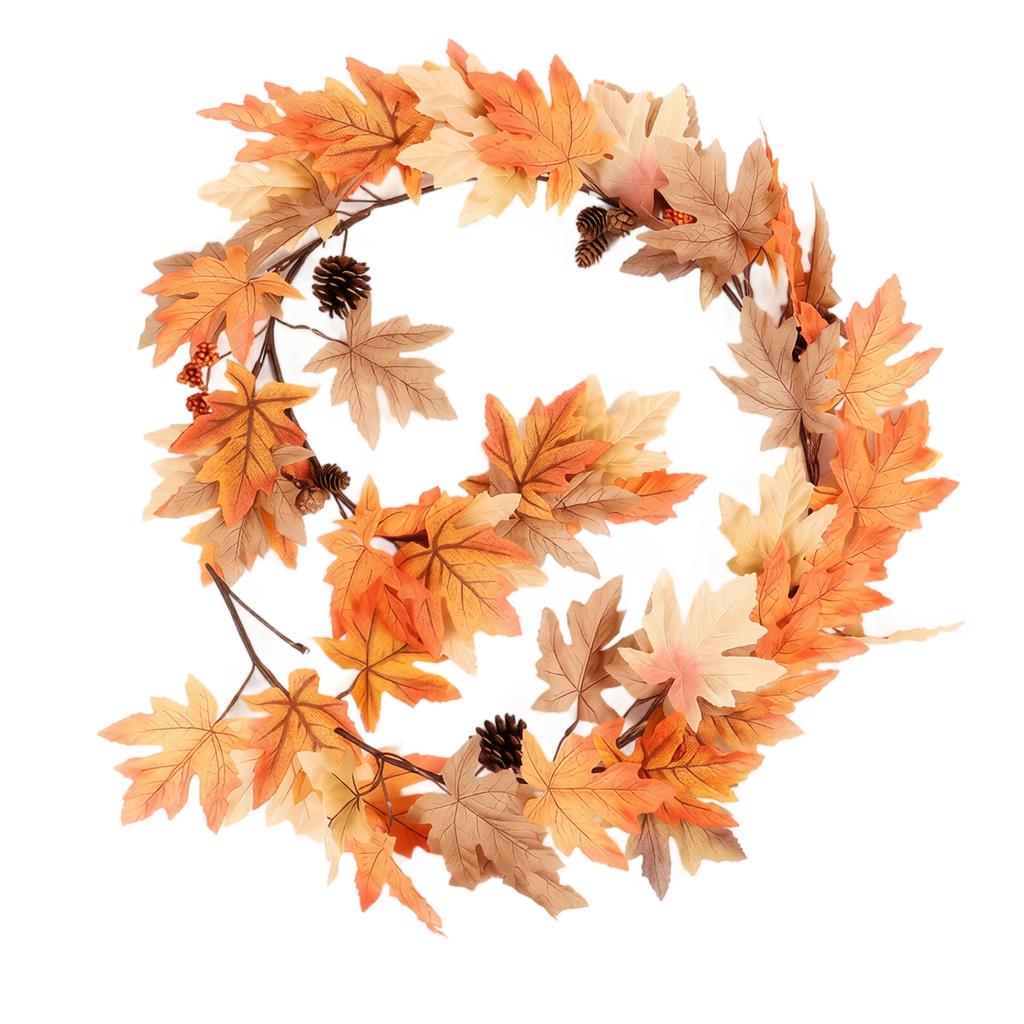 Artificial Maple Leaf Garland for Fall Thanksgiving Decor - Faux Wreath for Front Door Hanging