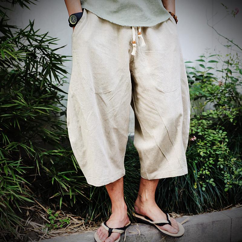 Men Cotton Linen Baggy Wide Leg Pants Men Hanging Crotch Hip Hop Bloomers Pants Men\'s Calf-Length Cross Pants Trousers