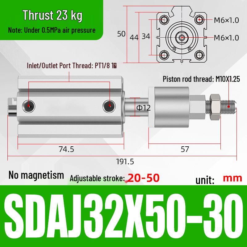 Adjustable Stroke Pneumatic Thin Cylinder - Piston Rod Sizes: 16/20/25/32/40/63