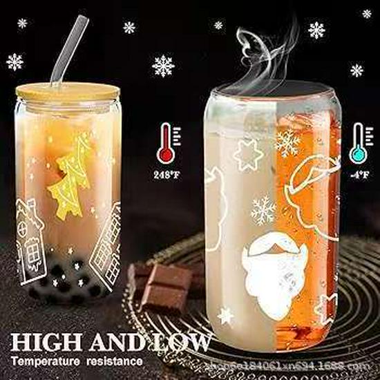 High Borosilicate Glass Juice Cup with Wooden Pop-top Lid and Straw