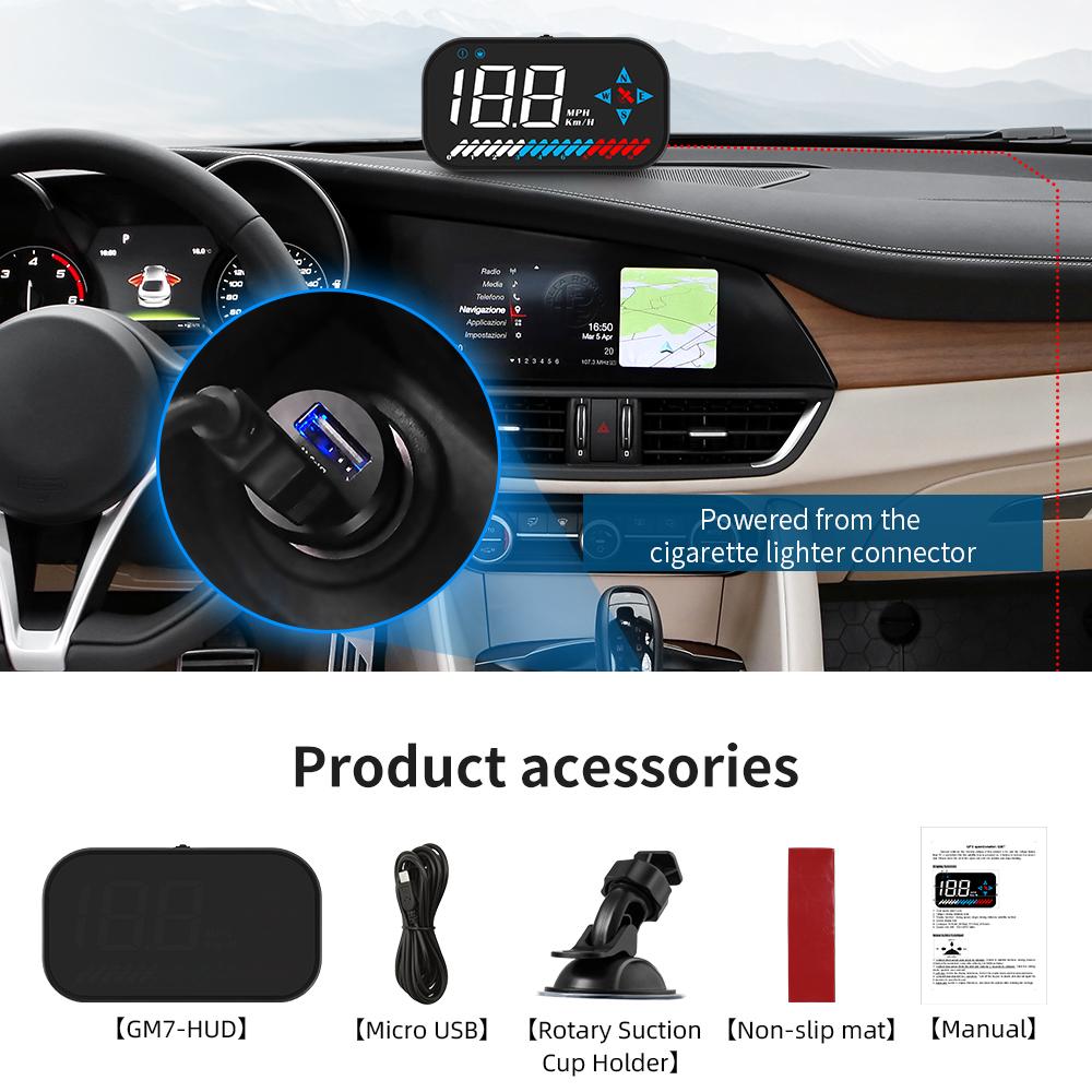 ZQKJ GM7 Head Up Display GPS for All Cars Security Alarm HUD Speedometer Auto Digital Speed Odometer Compass Gauges Accessories
