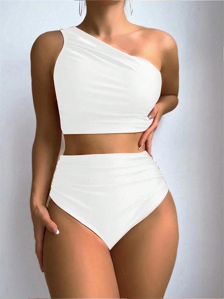 

Sexy Fashion One Shoulder Bikinis 2 Piece Set Women Split Swimsuit High Waist Beach Bikinis 2025 New Summer Swimwear Bikinis Set білий
