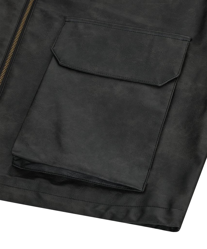 Standarderror 87-Stan176 Minimal Vintage Double Pocket Leather Jacket Black
