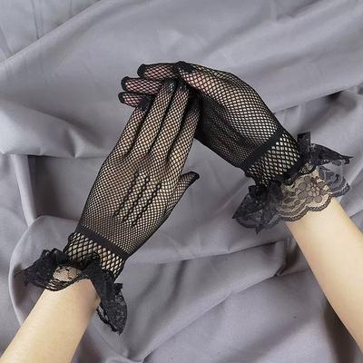 Elegant Ladies Short Lace Gloves Sheer Fishn Net Prom Party Gloves Female's Fashionable Soild Color Full-finger Mittens