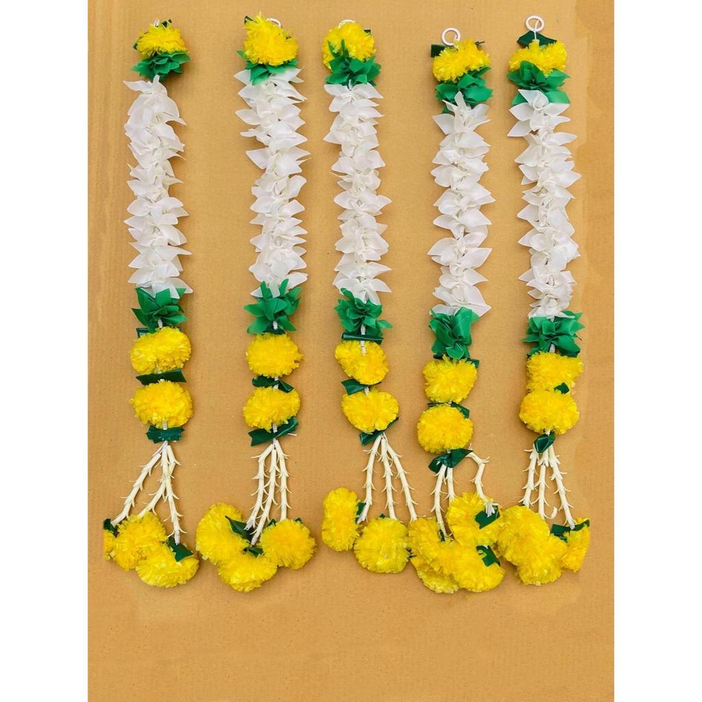 Handmade Artificial Jasmine Gajra Marigold Garland Tassels & Bells Traditional Decor for Diwali/Wedding/Festivals (Gajra Latkan/2Ft/5pc)