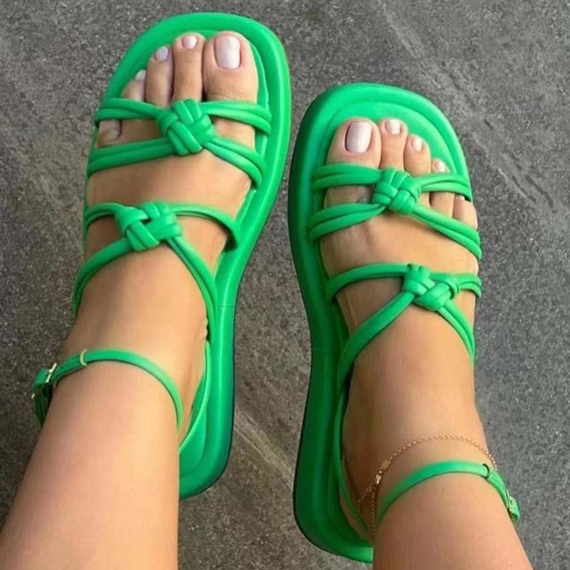 Women Sandals Bohemian Style One Line Buckle Summer Sandals Flat Heels Shoes For Women Platform Weaving Beach Sandals Footwear