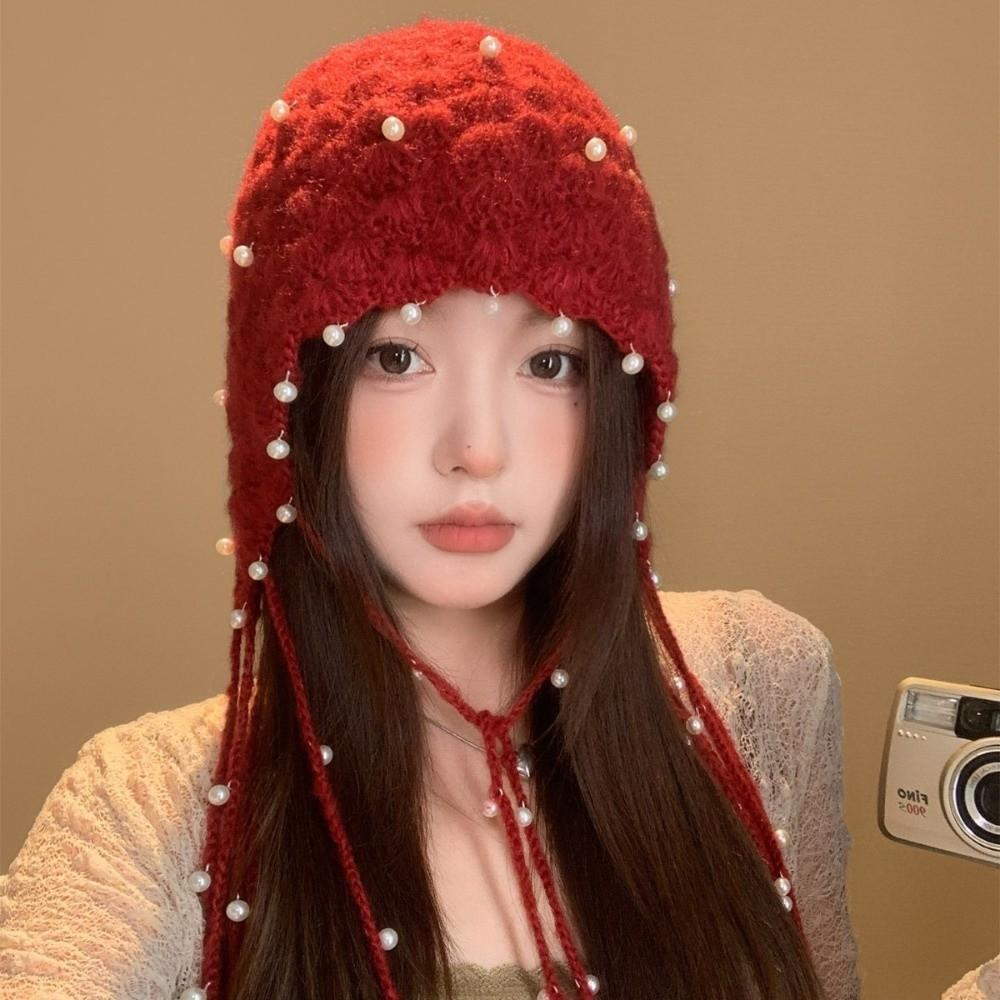 Pearl Tassel Knitted Pullover Hat Hollow Out Pendant Headband Hat Fringed Beanie Cap  for Women