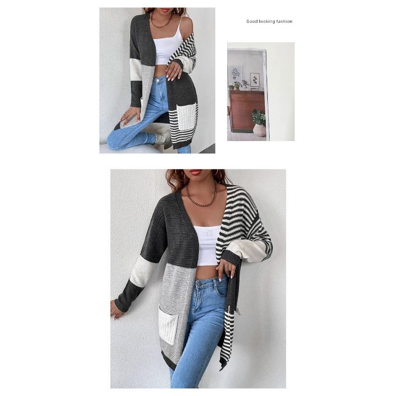 Cardigan in Maglia da Donna a Blocchi di Colore Bianco Nero a Righe, Apertura Frontale, Manica Lunga, Capospalla Casual