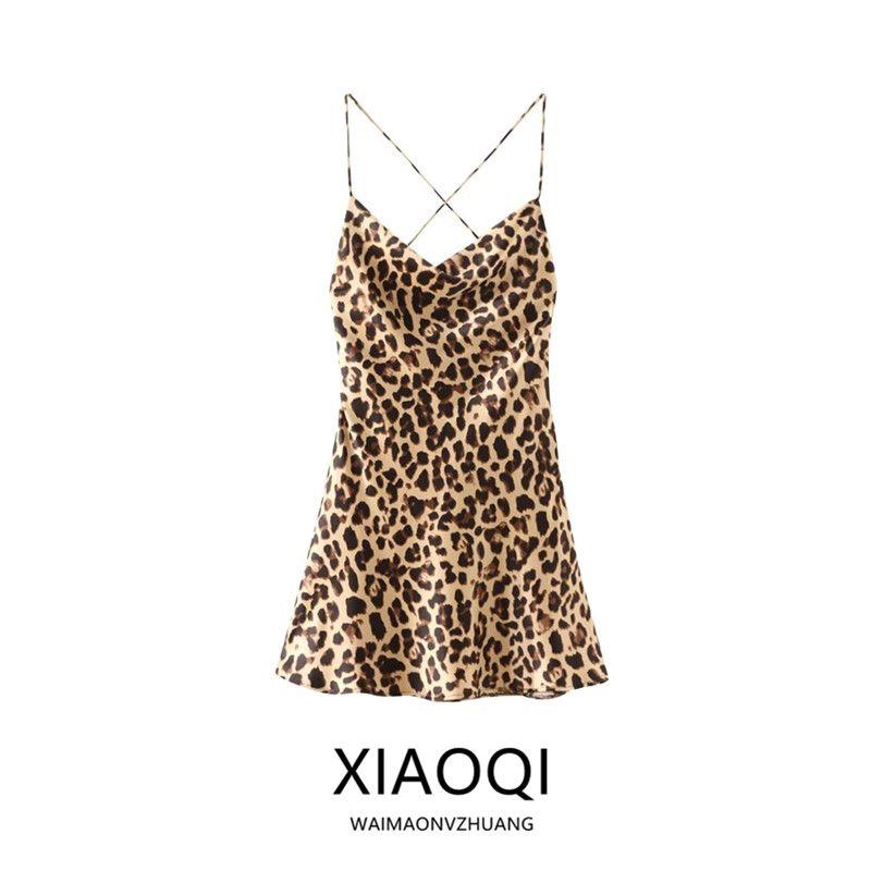 2024 Summer New French Pure Desire Sexy Animal Pattern Print Silk Satin Leopard Print Dress 3550026 051