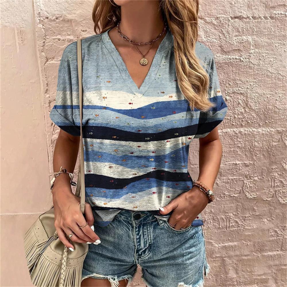 Retro Summer 3d TShirt Harajuku Casual Short Sleeve Women's T-Shirts Fashion Characters Top Tee V-Neck Oversized Female Clothing
