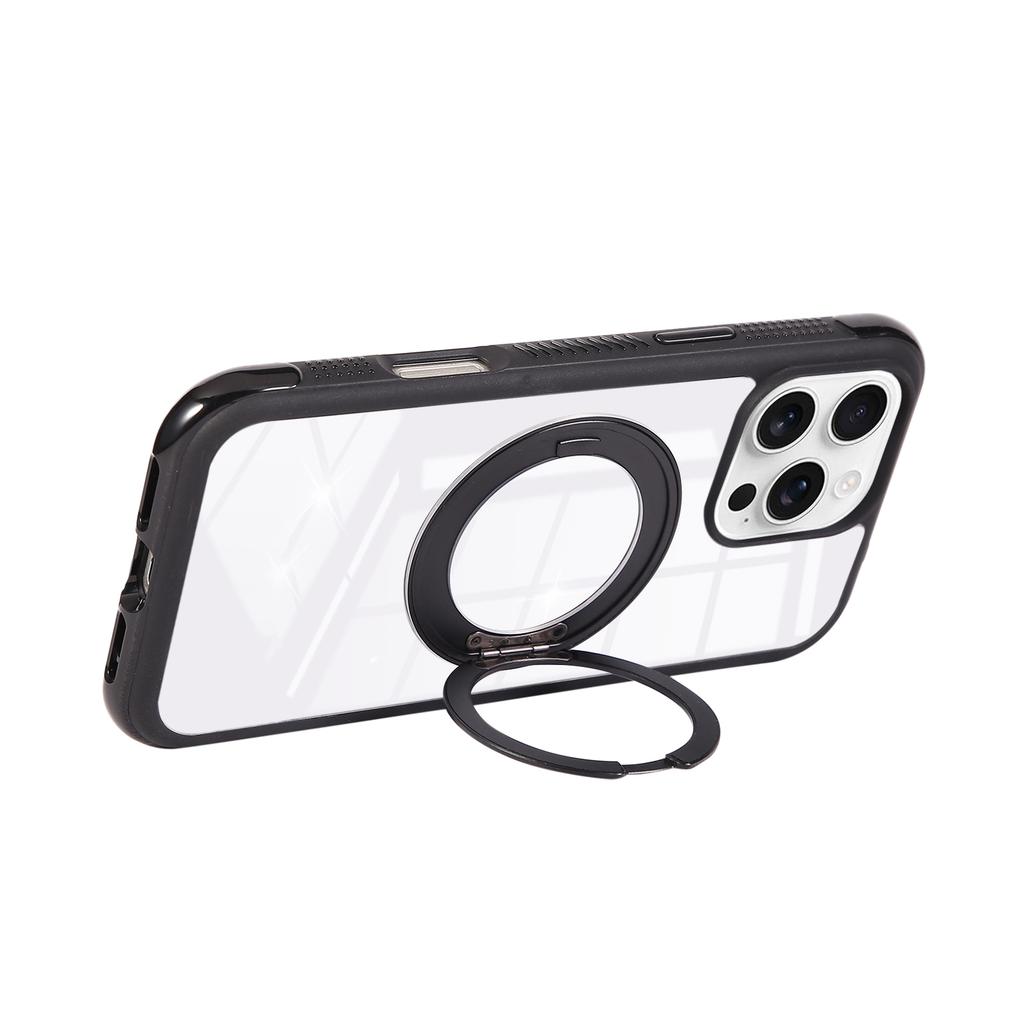 For iPhone 16 Pro Max Magnetic Case Stress Relief Kickstand TPU + PC Transparent Protective Phone Cover