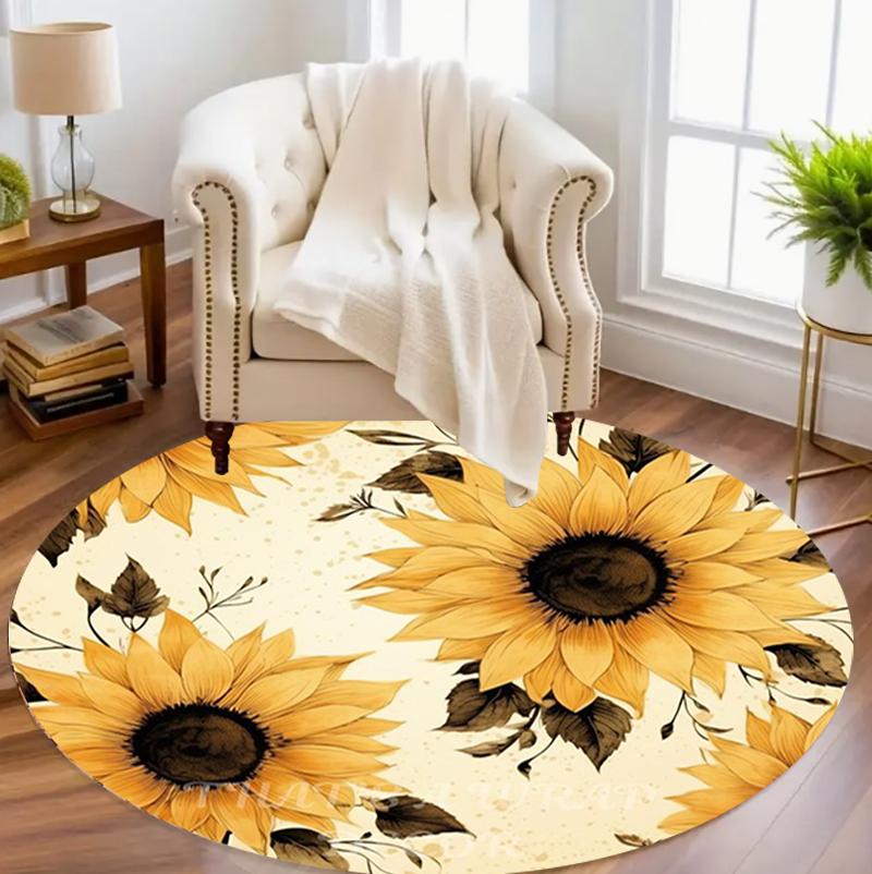 Realistic Sunflower Round Area Rug Vivid Floral Pattern Non-Slip Floor Carpet for Living Rooms Natural Home Decor Areas