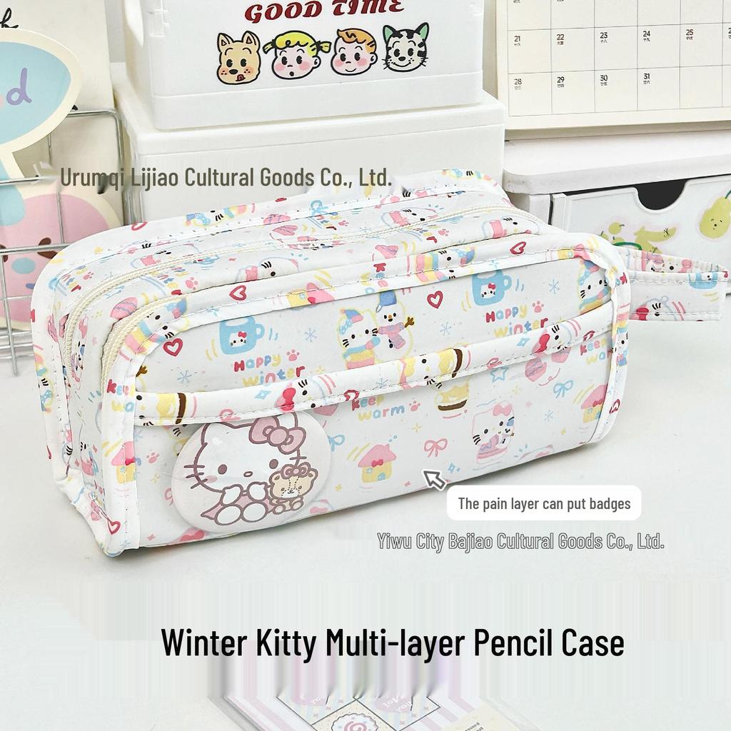Winter Pattern Multi-Layer Pencil Case: Cute, Large Capacity, Multi-functional Stationery Bag for Students