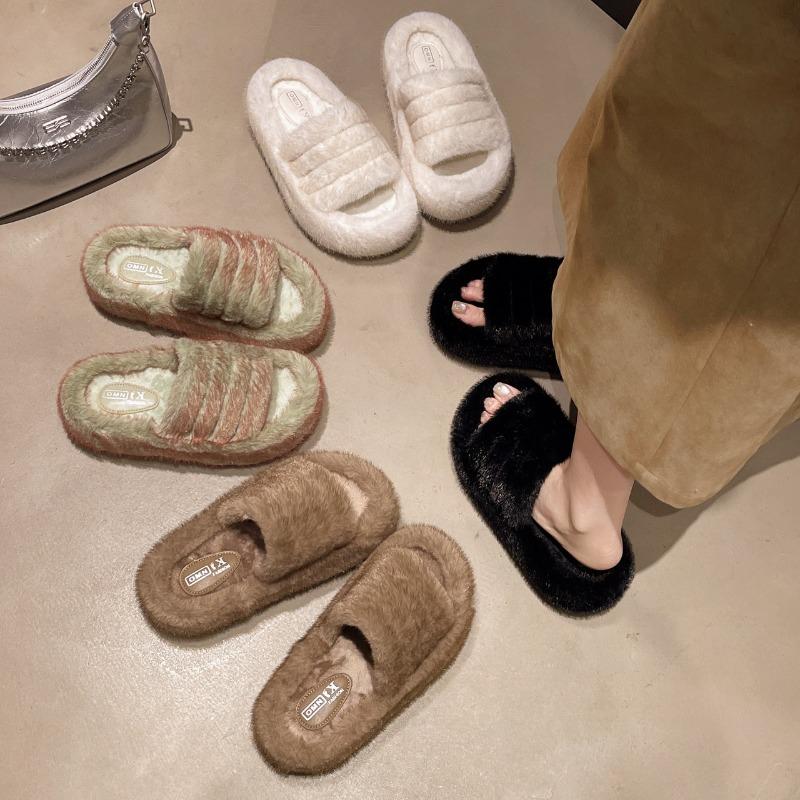 New Autumn Fluffy Slippers Women's Fashion Thick-bottomed Plush Casual Cotton Slippers Women