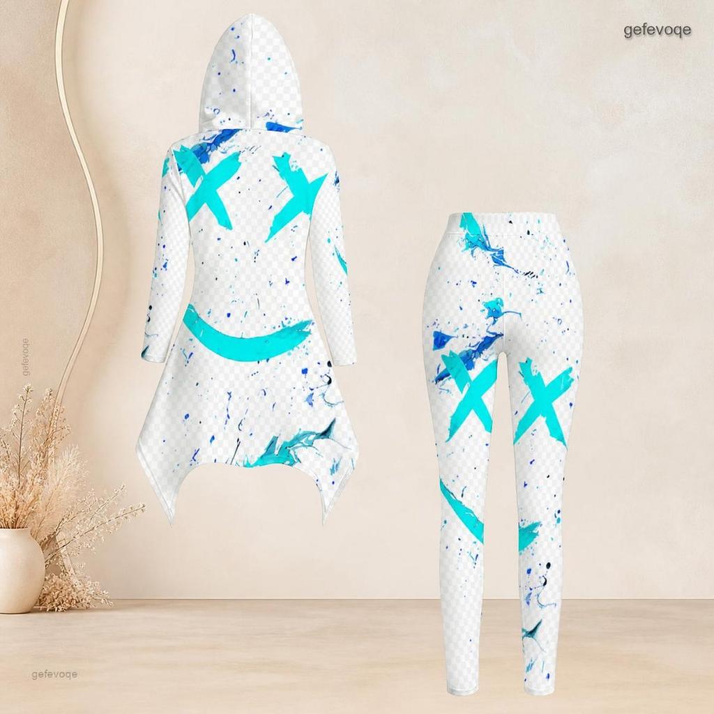 Women Plus Size Hooded Long Sleeve Blue Brown Printed High Low Top Fitted Pants Two Piece Set