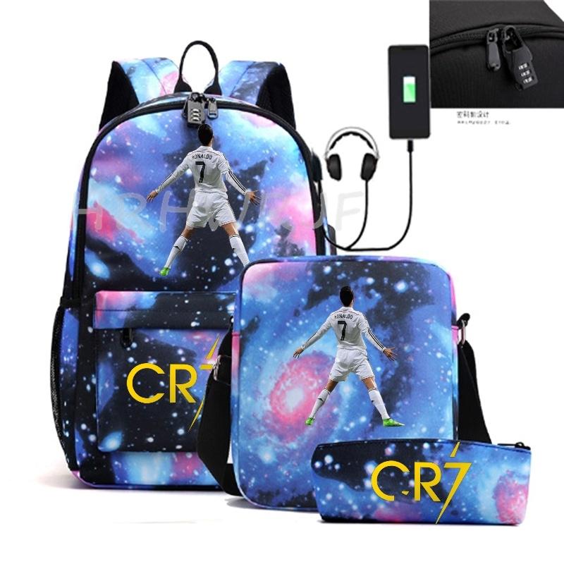 Sports Casual CR7 Backpacks 3pcs Simple Lightweight Capacity Teens Laptop School Bags Women Men Travel USB An-ti Lock Mochilas