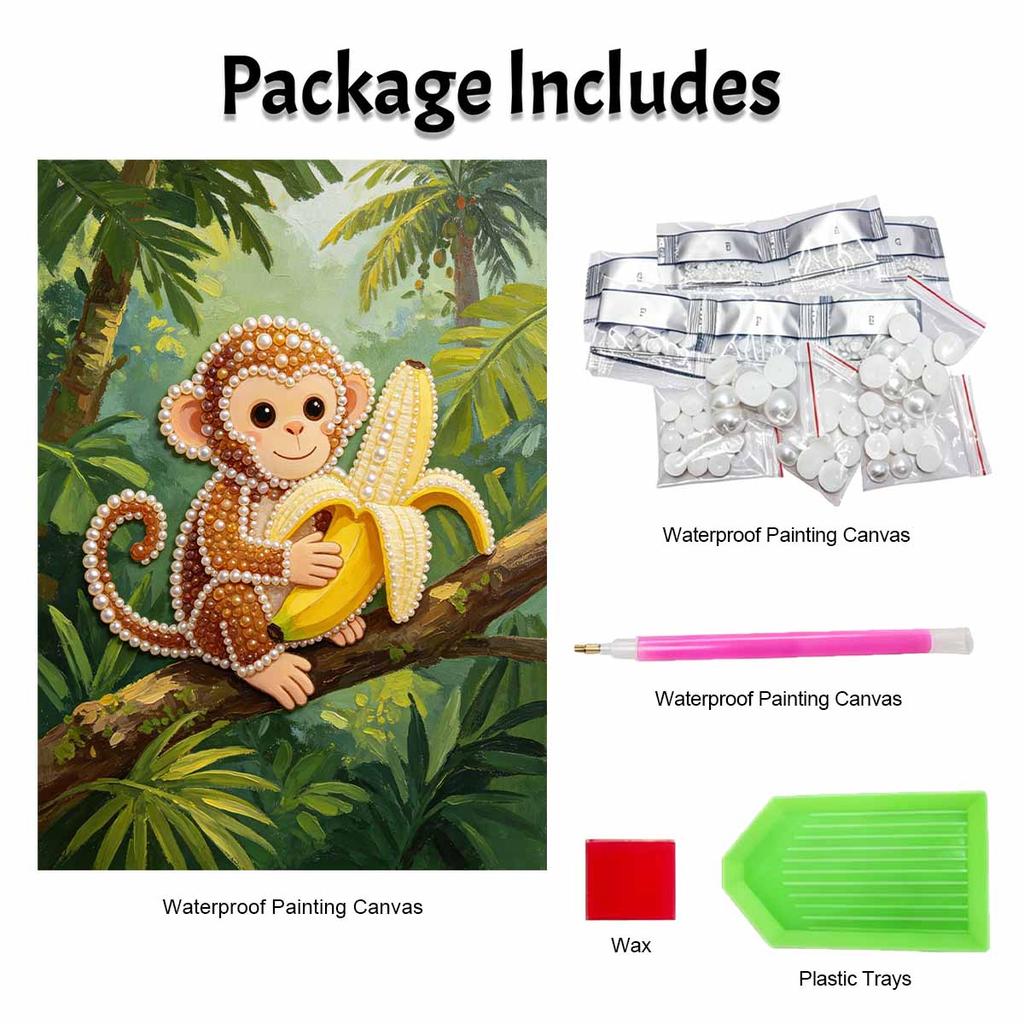 Framed Pearl Painting Kit Cute Monkey Eating Banana DIY 3D Bead Canvas Art Creative Leisure Craft Home Decoration Wall Hanging Hobby Gift