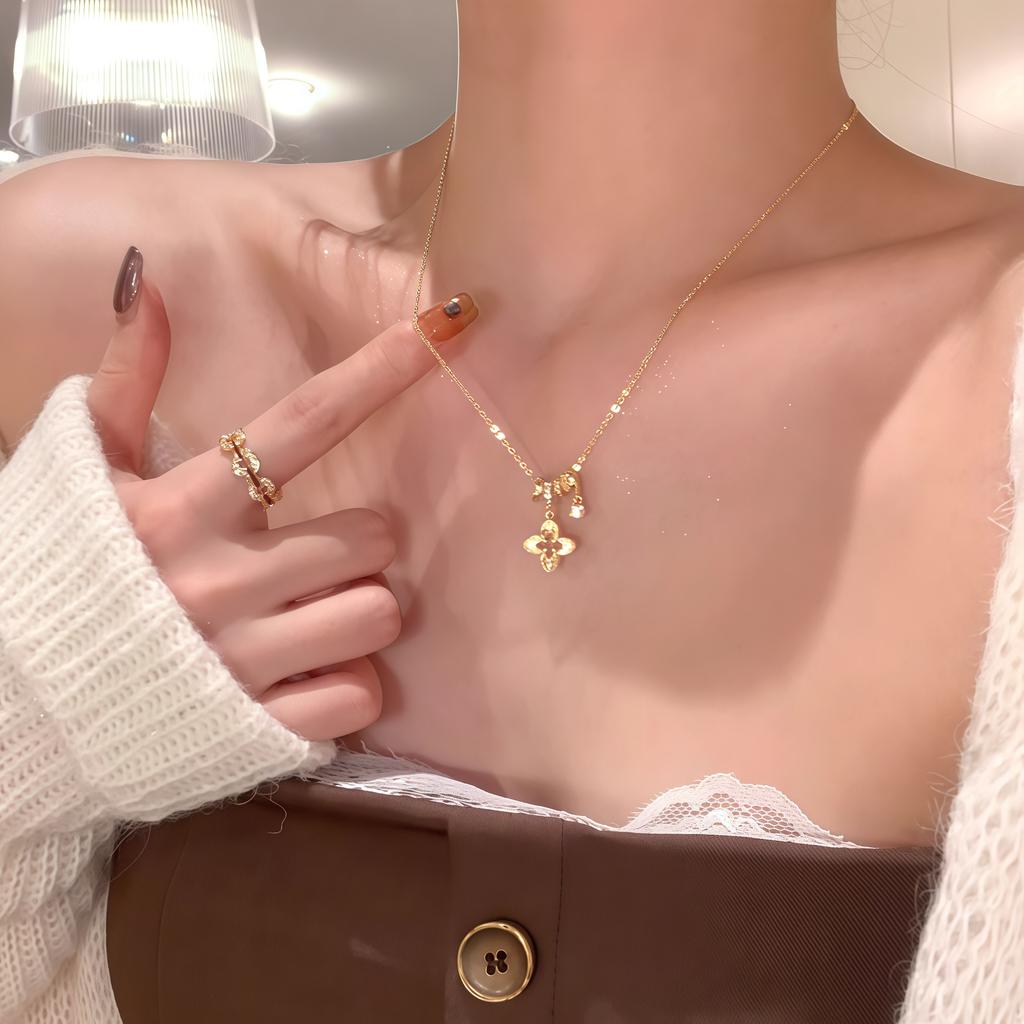 Gold Plated Hollow Clover Pendant Necklace, Shiny Zircon Long Sweater Chain for Women Luxury Jewelry
