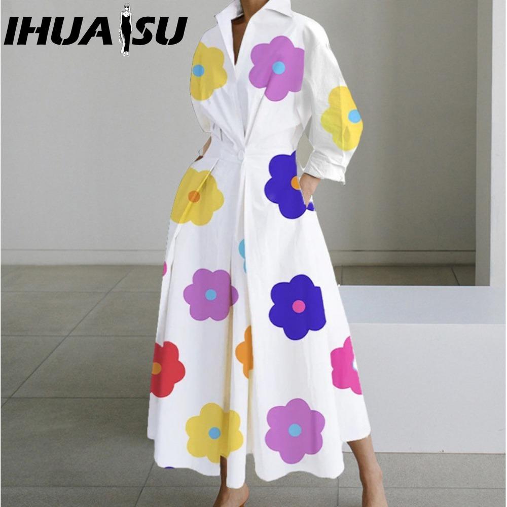 IHUASU Modă Femei Primăvară Toamnă Mânecă Lungă Guler POLO Rochii Casual